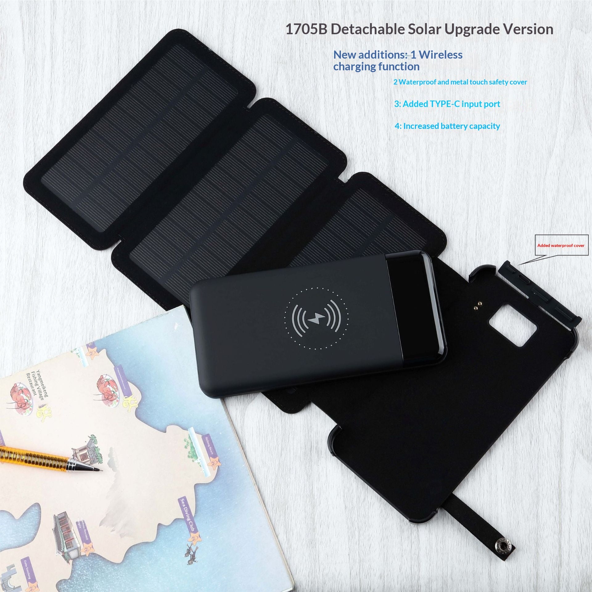 Power Bank 10.000 mAh pieghevole con ricarica wireless e torcia LED