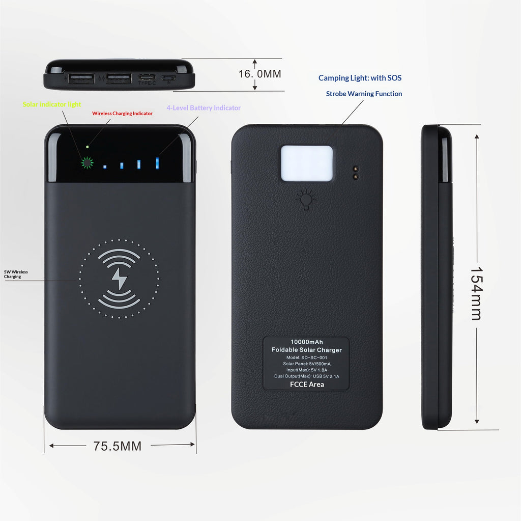 Power Bank 10.000 mAh pieghevole con ricarica wireless e torcia LED
