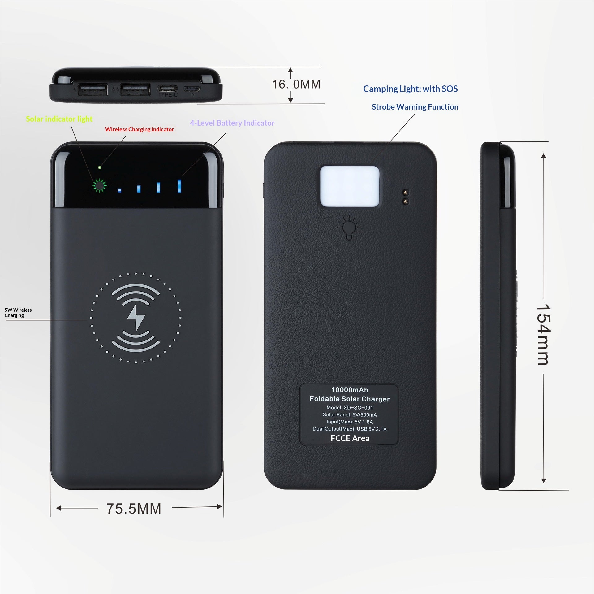 Power Bank 10.000 mAh pieghevole con ricarica wireless e torcia LED